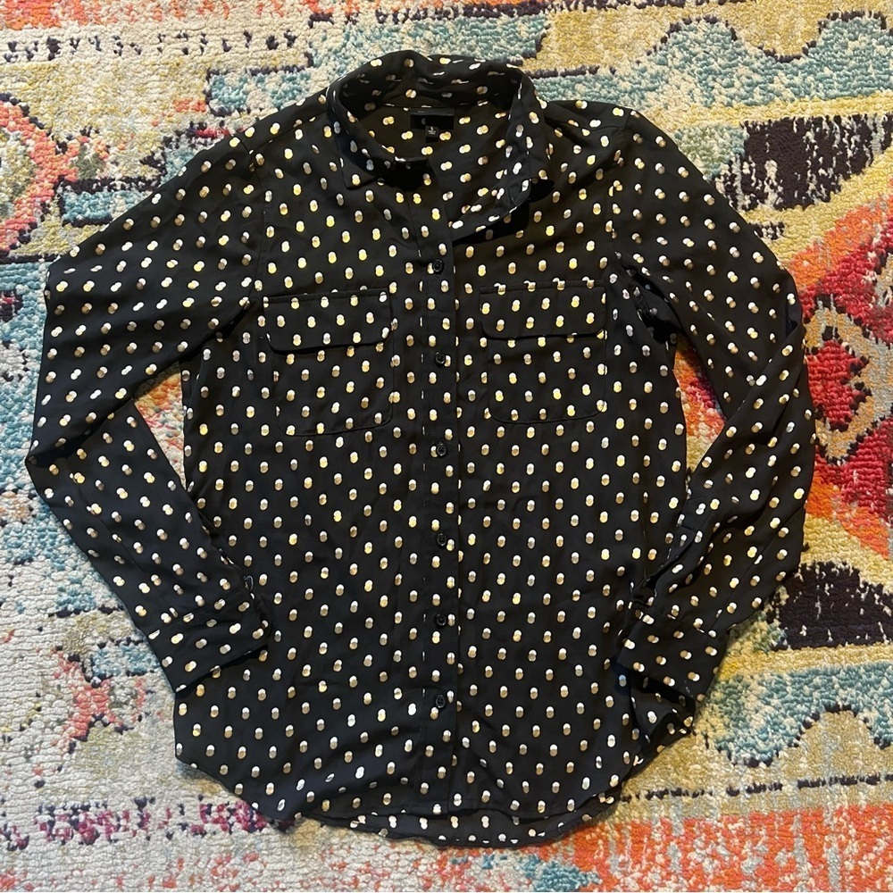 Who What Wear Black Metallic Gold Polka Dot Button Up Long Sleeve Top S Women’s
